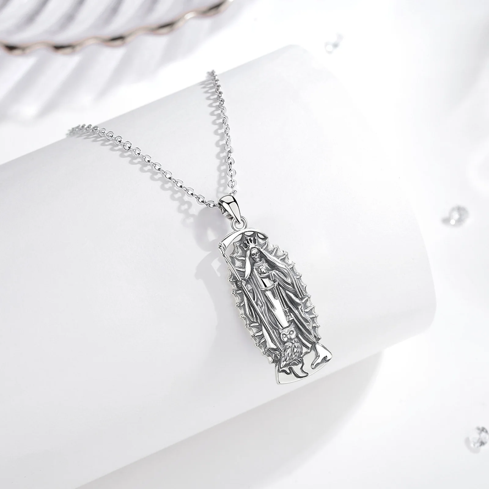 Eudora 925 Sterling Silver Santa Muerte Necklace Holy Death Scythe Mexican Pendant Fine Personality Jewelry for Women Man Gift