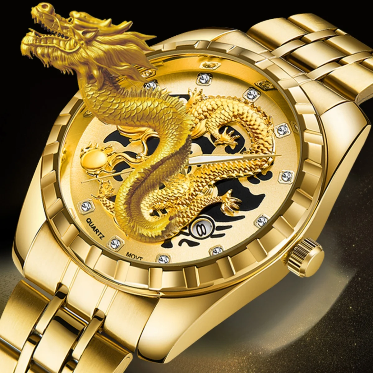 Gold Dragon Long WLISTH Business Men Analog Quartz Watch Fashion Stainless Steel Date Display Luminous Wristwatches Gift Box