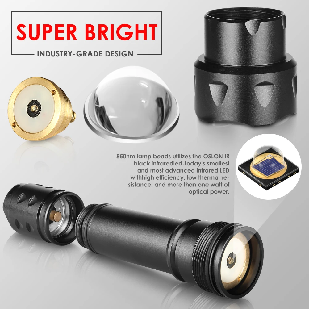 UniqueFire T20 IR 850nm 3 Modes LED Flashlight Night Vision Zoom Focus Infrared Light illuminator Adjustable Hunting Torch