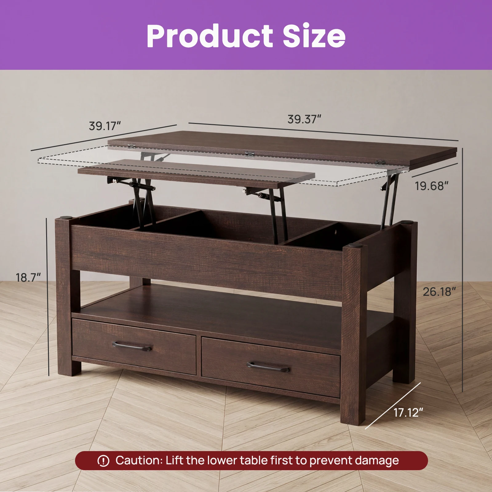 JHK 39.4IN Lift Top Coffee Table with Double Drawers Easy Lift Or Lower Square Wood Table with Hidden Compartment Storage for Living Room Home Office
