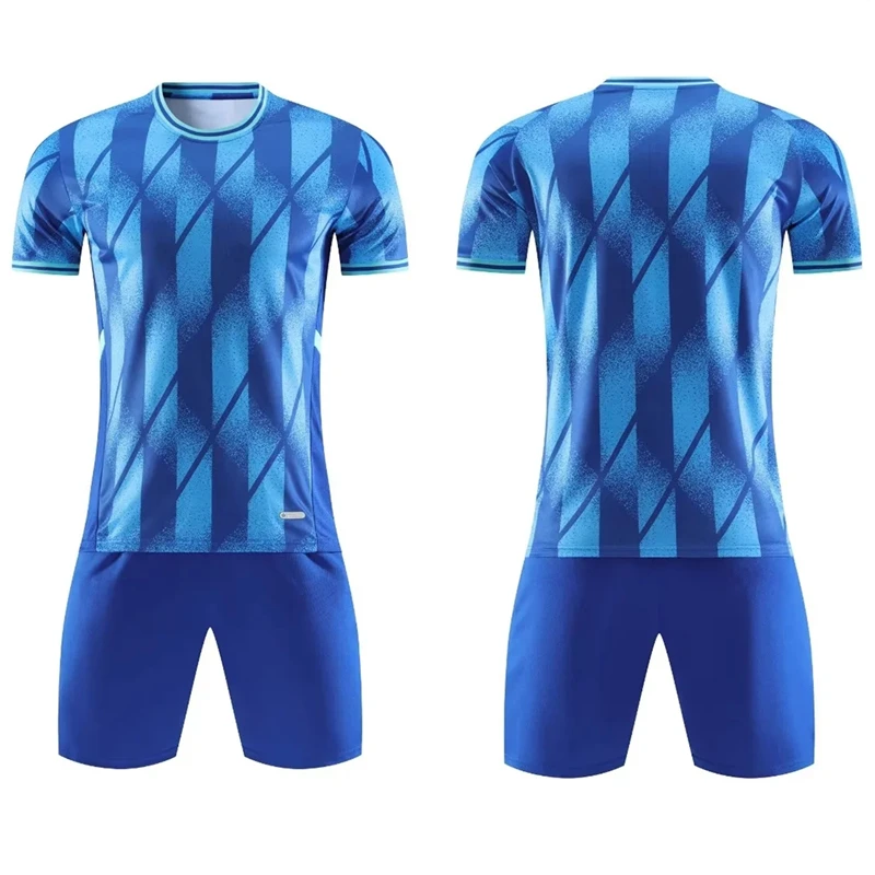 Customized Children\'s Football Kit Men\'s Soccer Team Jersey Sets Vertical Stripe Sports Suit Quick Drying Fabric Uniform