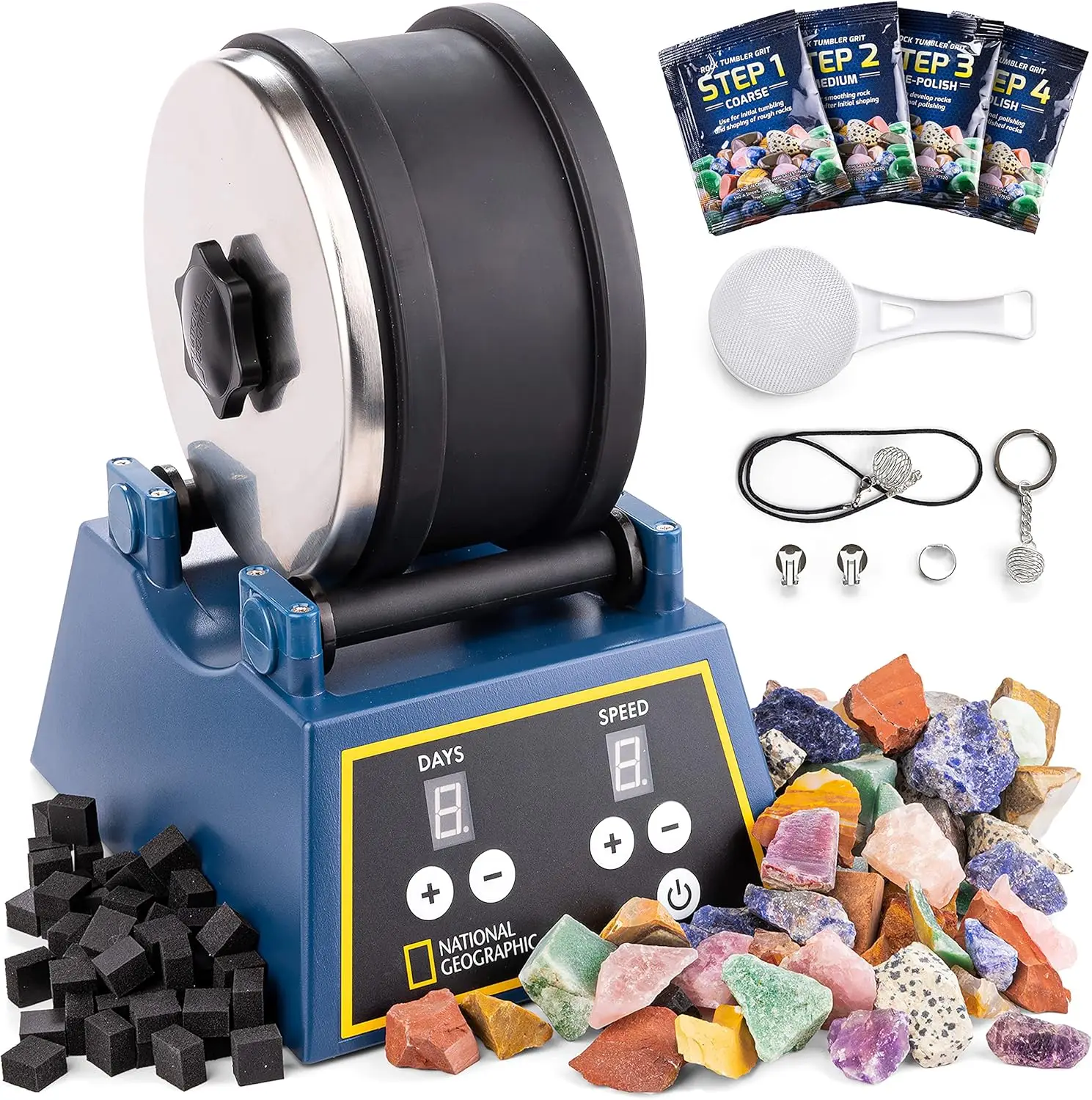 National Geographic Rock Tumbler Kit - 3 Lb. Extra Large Capacity Barrel With 3-Speed Motor & 9-Day Timer, Kit Includes Rocks