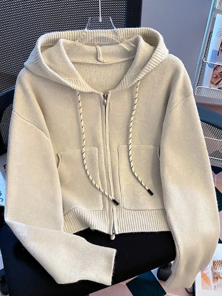 

Ортовый вязаный свитер с капюшоном, женское пальто, осень-зима 2025, новый свободный кардиган Lazy Sle, топ, корейская версия, обычный све Lon...