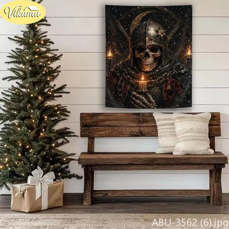 VIKAMA Dark Skeletal Monk Yuletide Star Procession Wall Tapestry Noir Victorian Religious Festive Room Home Decor Trendy Art