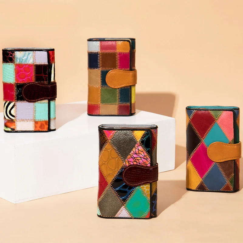 

Женский кошелек из воловьей кожи в стиле вестерн, радужный лоскутный женский кошелек большой емкости, многофункциональный кошелек для монет для женщин