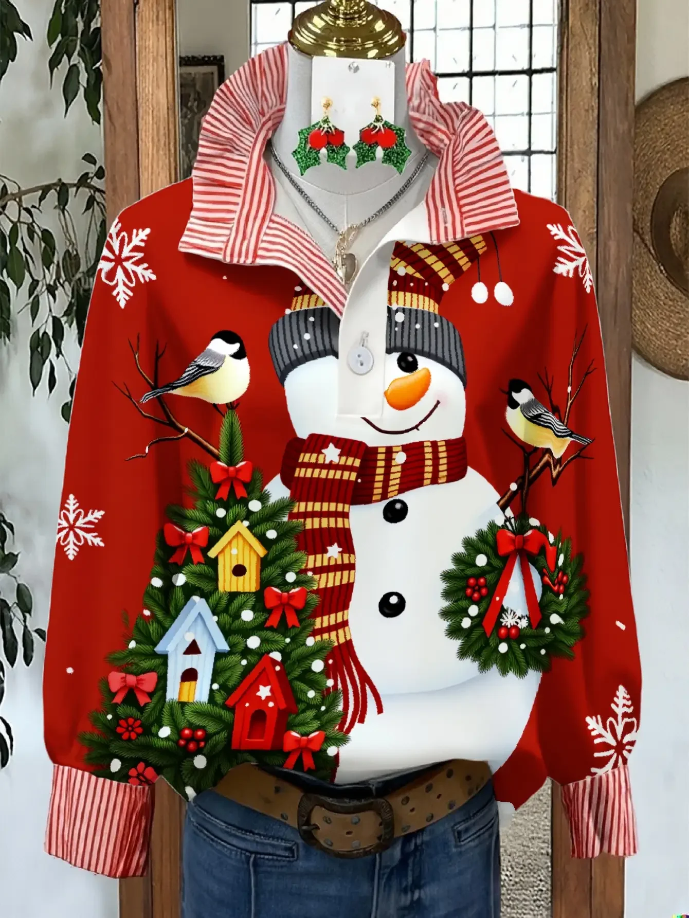 A women's top for spring and autumn winter, women's stand up collar shirt with long sleeves,  Christmas gift