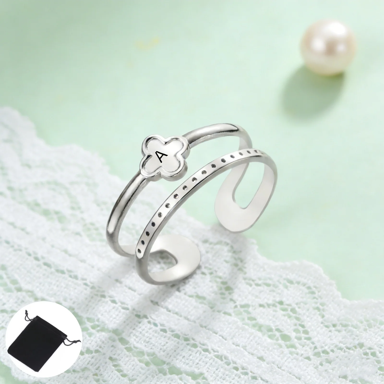 Customized Surname Letter Fashion Geometry Clover Open Ring Stainless Steel Adjustable Ring Aesthetic Jewelry Gift