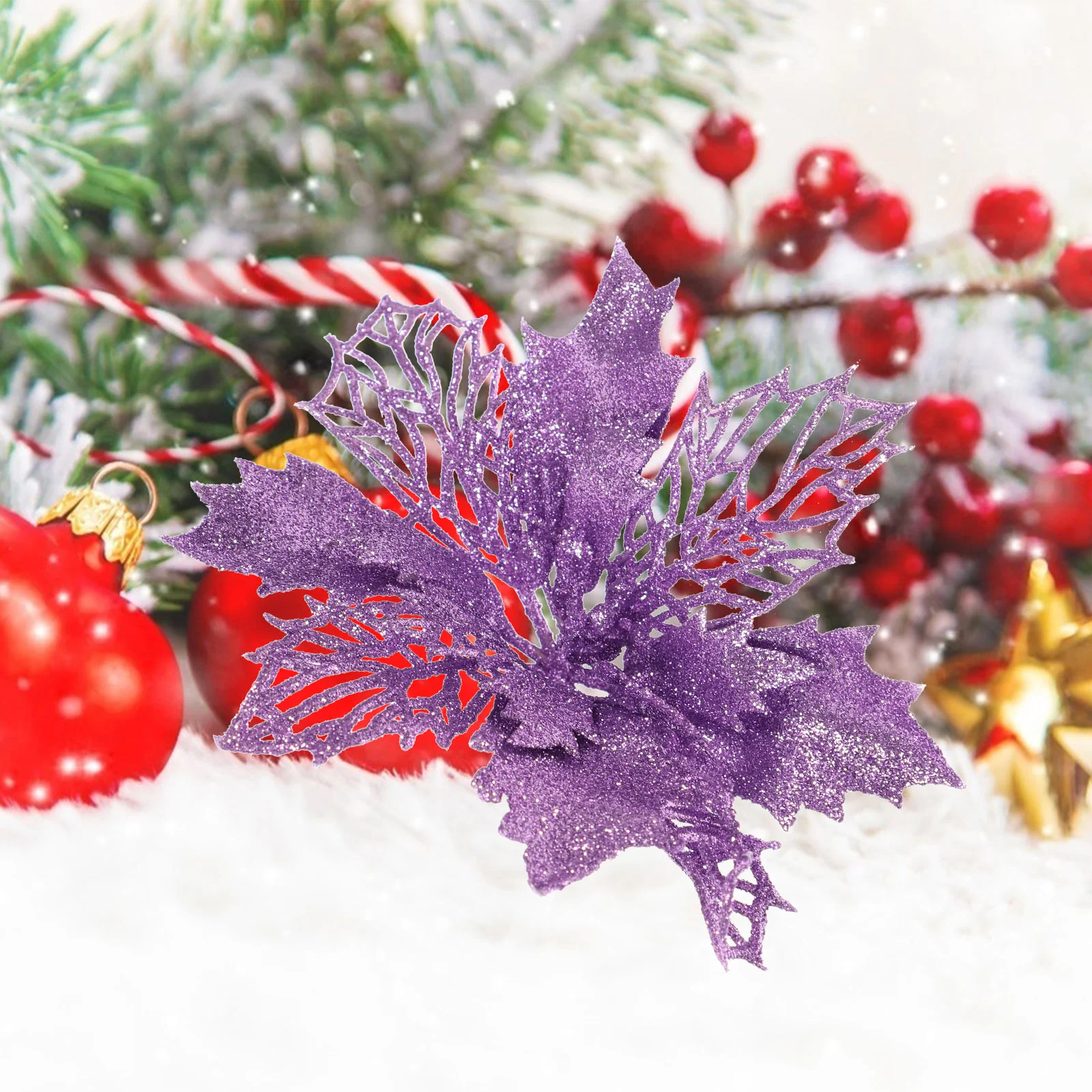 12 Pack Christmas Tree Decorations Glitter Poinsettia Flower Wreath Artificial Simulated Flower Pendant Holiday nament Easy to