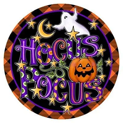 Round Metal Tin Sign Rustic Wall Decor Happy Halloween Wreath Sign for Front Door,Hocus Pocus Seasonal Halloween Decor,Metal Sig