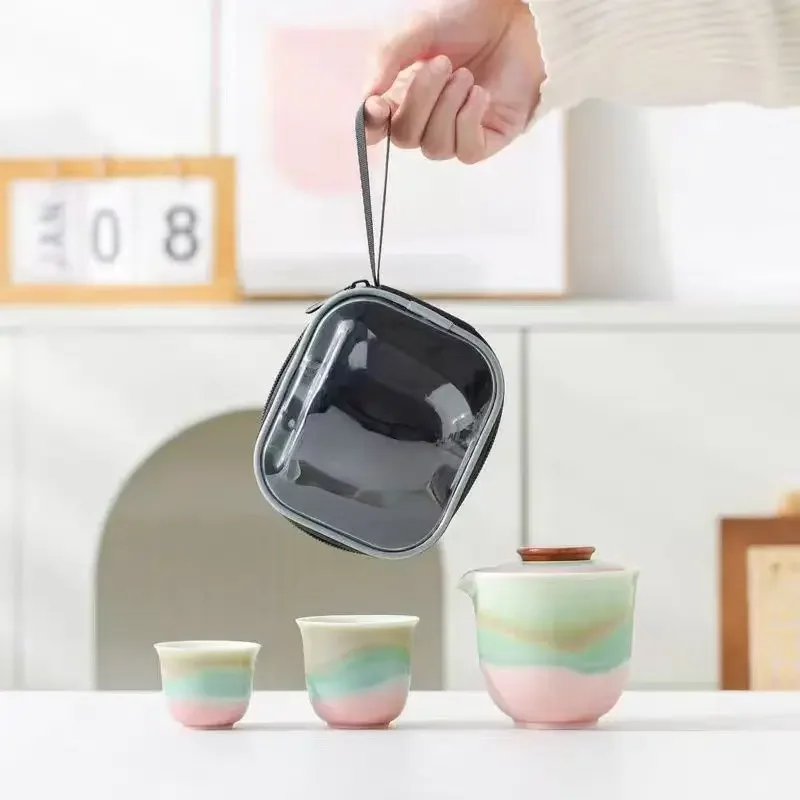 Travel Tea Set Kung Fu Tea Ceremony Colorful Unique Gift Outdoor Camping Portable Ceramic Quick Cup One Pot Two Cups Tea Cup