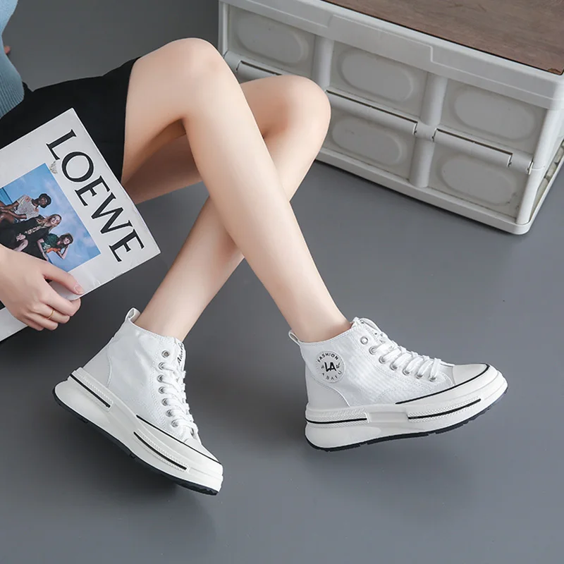 2023 Women Lace-Up Front High Top Flatform Canvas Shoe Casual High-top Canvas Shoe Fashion Breathable Height Increasing Sneakers