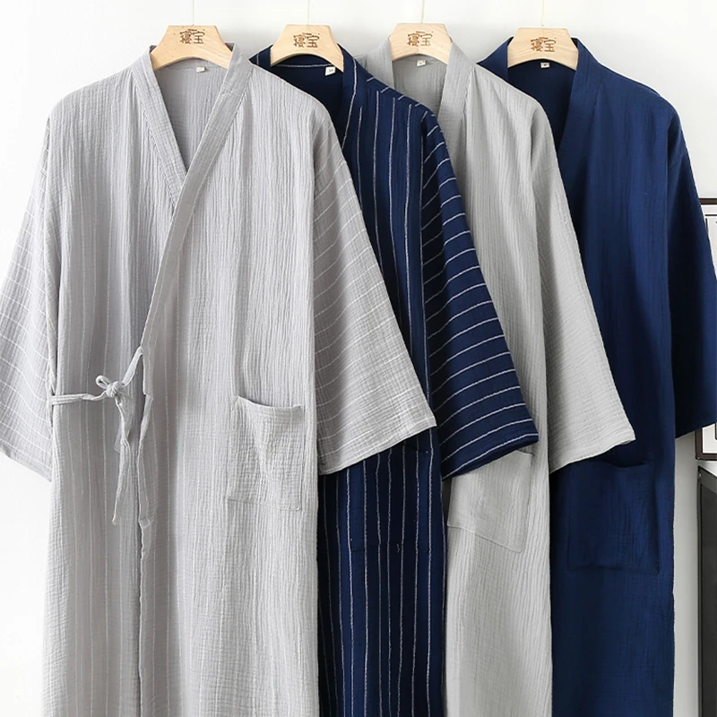 Men's Japanese Style Classic Bathrobe Kimono Traditional Cotton Gauze Nightwear Sleepwear Pajamas Pijama Clothing Robes L