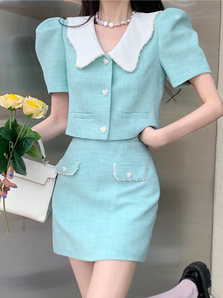 Vintage Tweed Suits For Women Summer Two Piece Set Korean Short Sleeve Jacket Top + Sexy Mini Skirt 2 Piece Outfits Ensemble