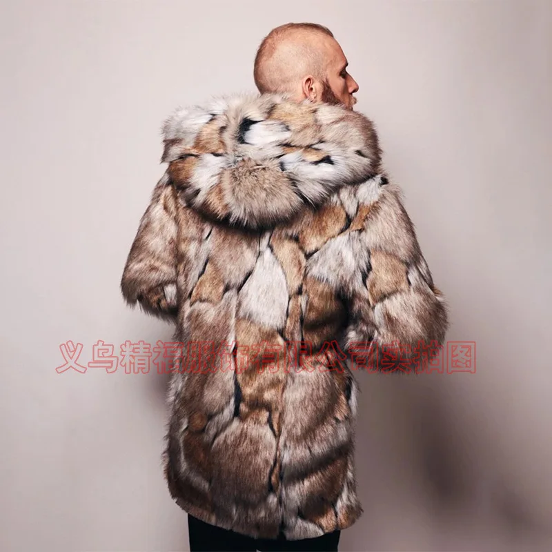 남성 인조 모피 재킷 코트 후드 중간 길이 오버코트 겨울 따뜻한 두꺼운 푹신한 샤기 빈티지 비즈니스 캐주얼 2025 겉옷