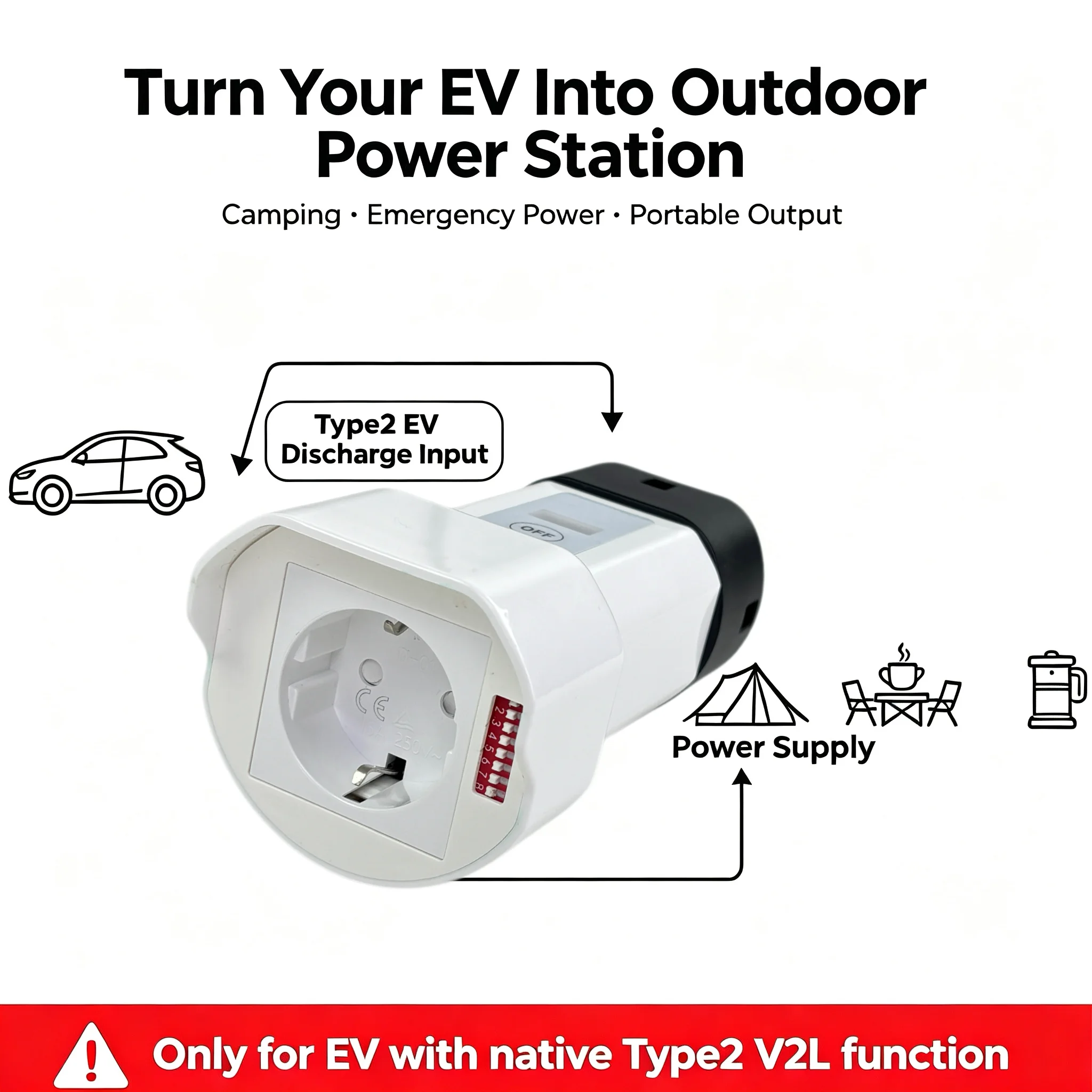 Type2 V2L Discharge Adapter With EU Schuko,Vehicle to Load,For Zeekr 7x,Kia,Geely EX2 Hyundai Ioniq,BYD,MG Xpeng GWM Volkswagen