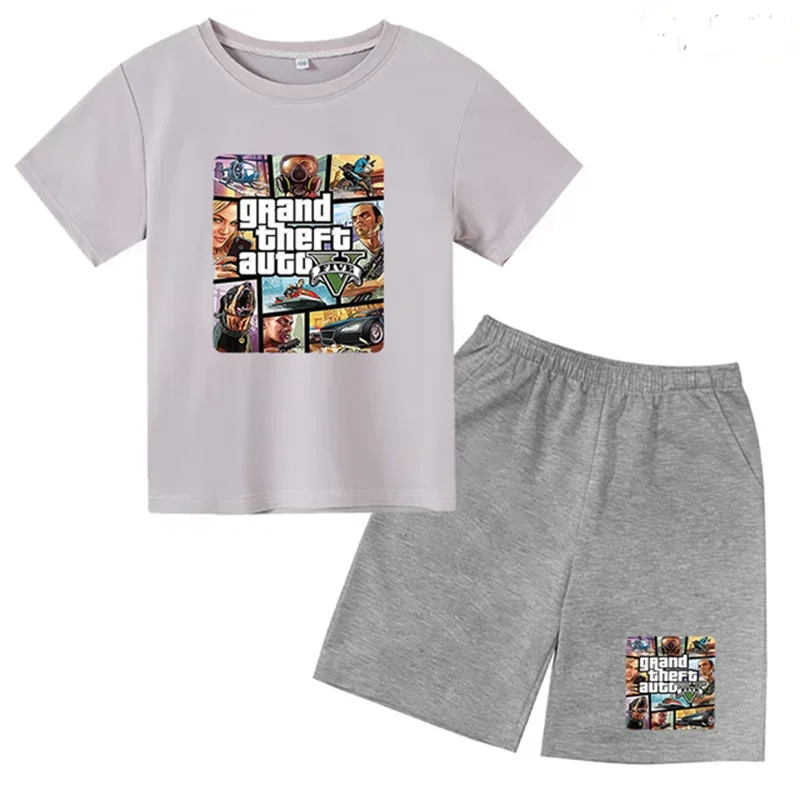 Grote Diefstal Auto Gta 5 Kinderen Korte Mouwen Set Jongens Meisje Ronde Hals T-Shirt + Korte Broek Vrije Tijd Katoen Zomer Mode Kleding