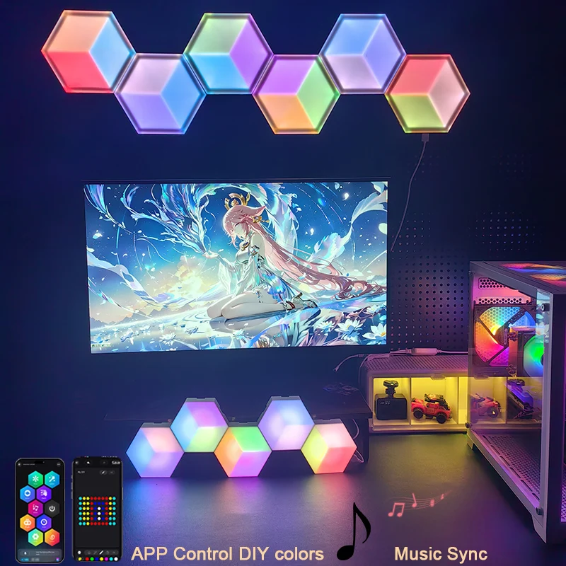 6/10pcs Quantum Lamp Smart LED Wall Lights with Remote Music Sync Light DIY Lighting App Control Light for Esports Movie KTV