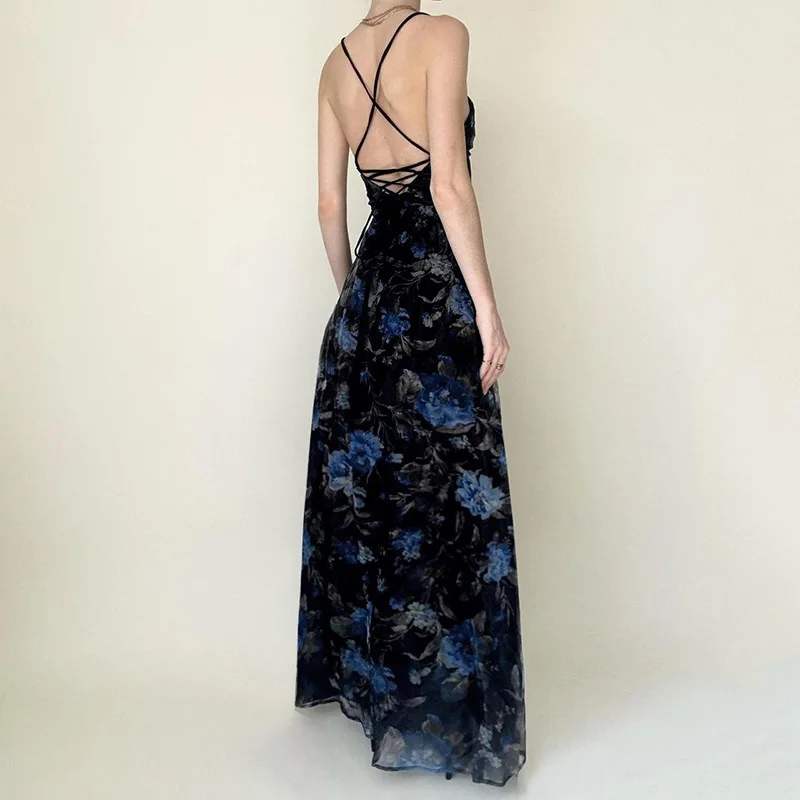 

Printed Contrasting Personality Cross Tie Backless Big Swing High Slit Slimming Camisole Dress