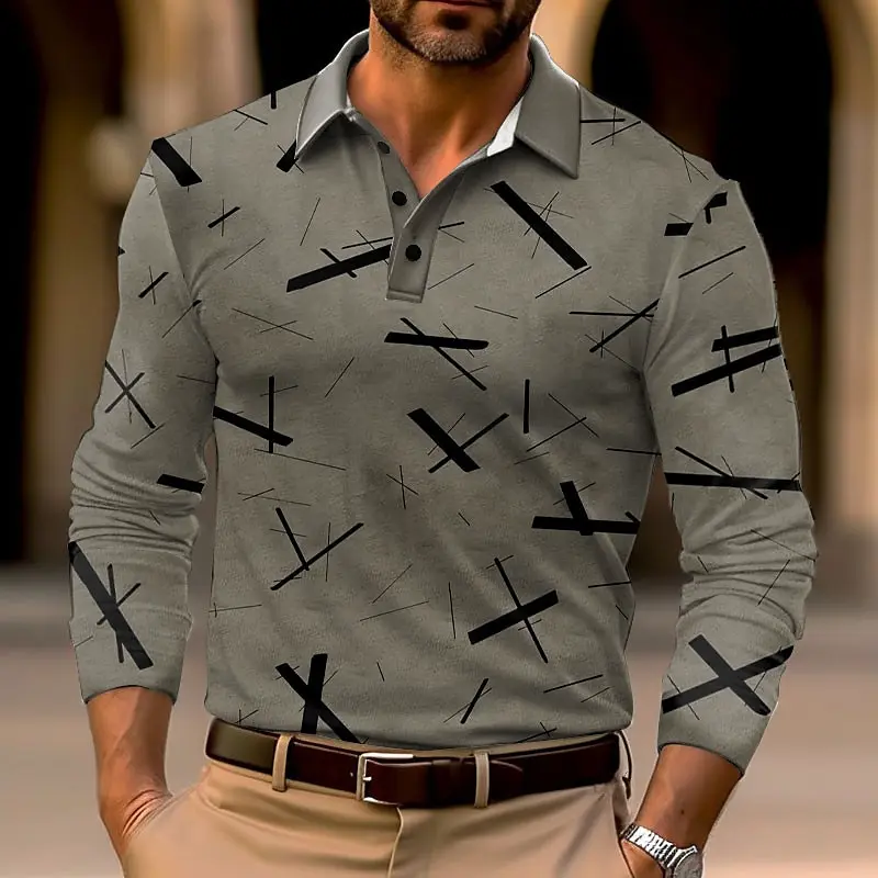 

Men's Geometric 3D Printed Golf Shirt Long Sleeve Polo Shirt Autumn Casual Loose Button Lapel Polo Tops Street Daily Man Clothes