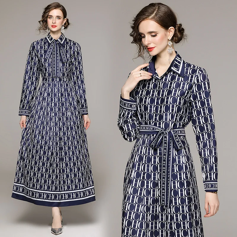 2024 Autumn/Winter New Women\'s Blue Silk Polo Collar Long Sleeve Dress with Letter Printed Loose Waist and Knee length Skirt