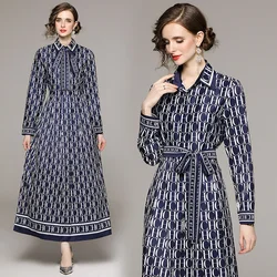 2024 Autumn/Winter New Women's Blue Silk Polo Collar Long Sleeve Dress with Letter Printed Loose Waist and Knee length Skirt