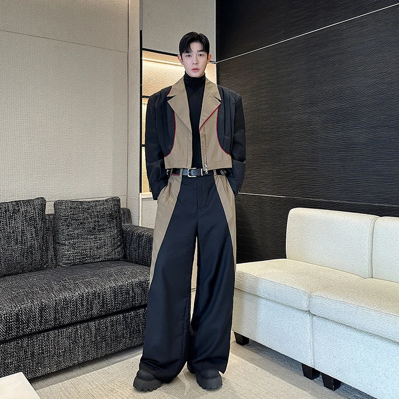 

men set 2025 New Trendy Youth Men Casual Suit Set Personalized Patchwork Blazer Jacket Loose Fit Patchwork Trousers jacket+pants