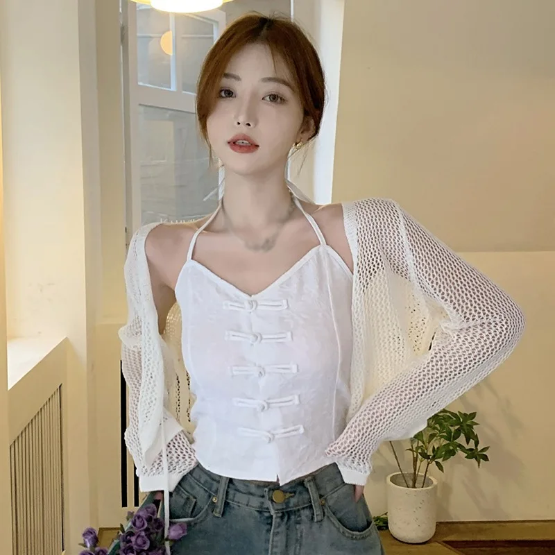 Summer Casual Cardigans Women Sun-proof Thin Cropped Loose Beach Style Fashion Hollow Out Pure O-neck Ulzzang Holiday Clothing