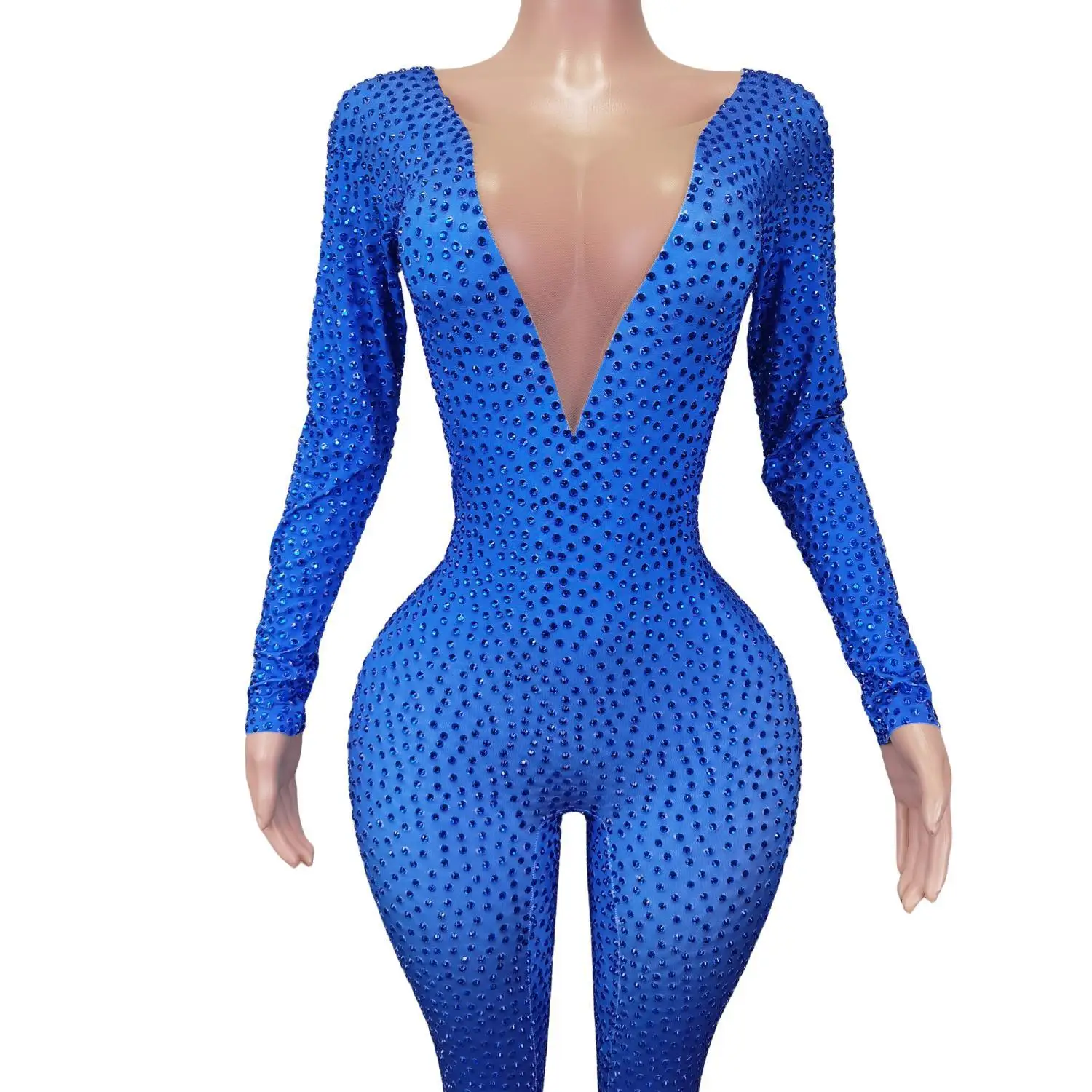 Sparkly Blue Rhinestones Jumpsuit Women One Piece Stretch Bodysuit Nightclub Party Outfit Dancer Performance Costume Lanyekong