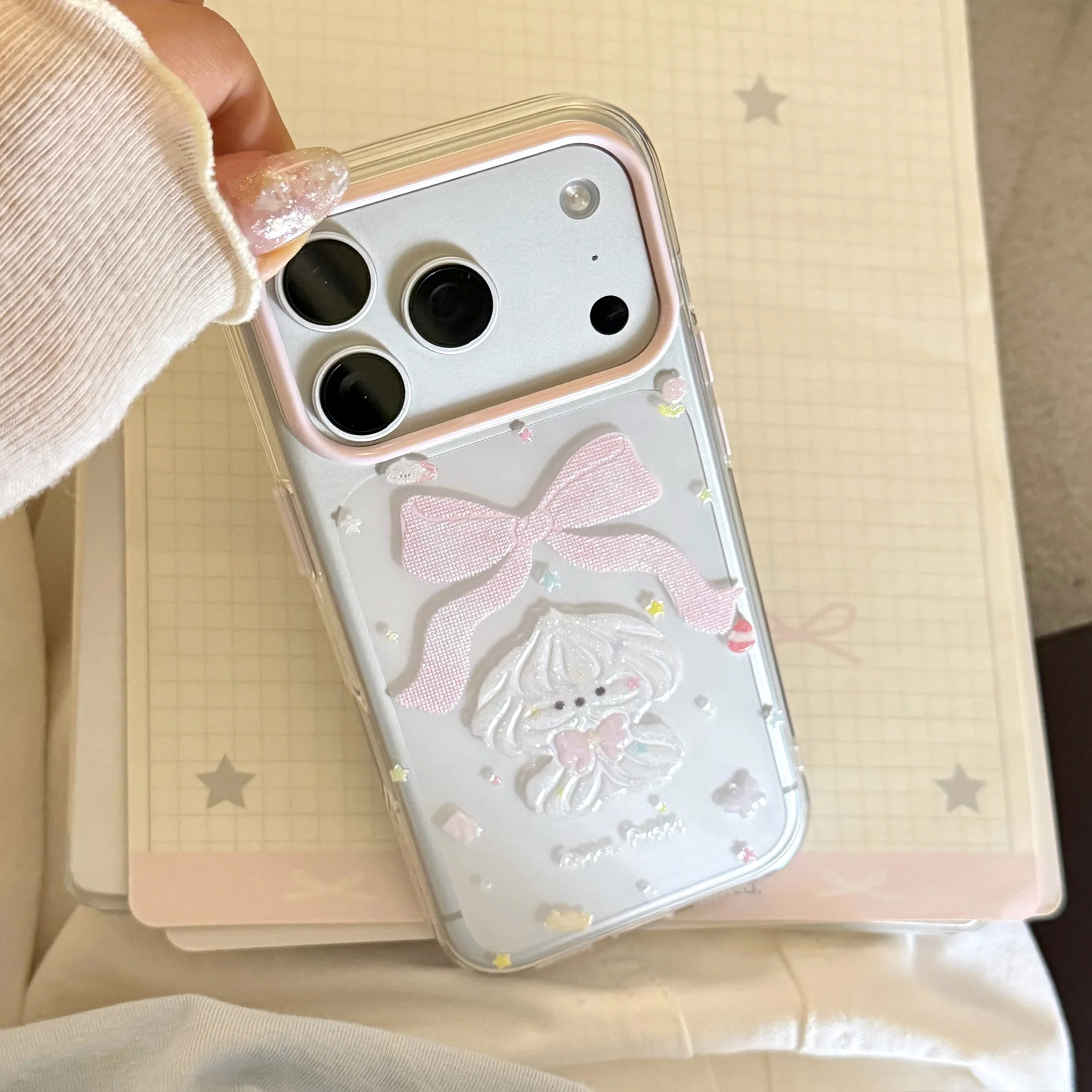 Korean Glitter Cartoon Cream Puppy Bowknot Pattern Phone Case For iPhone 13 14 15 16 17 12 Pro Max Clear Shockproof Soft Cover view 6