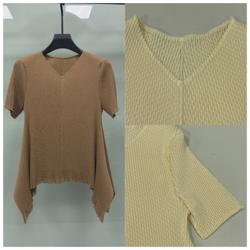 

Miyake Pleated T-Shirt 2026 Elegant Draped Pleats Fringed Short Sleeve T-Shirt Summer Anti-Wrinkle High Elastic Loose Top Women