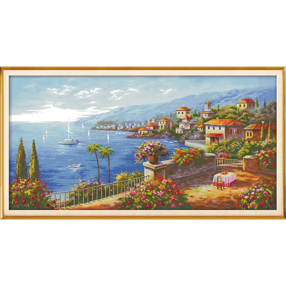

Soulgift News Pre-Printed Cross Stitch Kit, Stamped Aida Fabric with DMC Threads, Embroidery kit - The Mediterranean