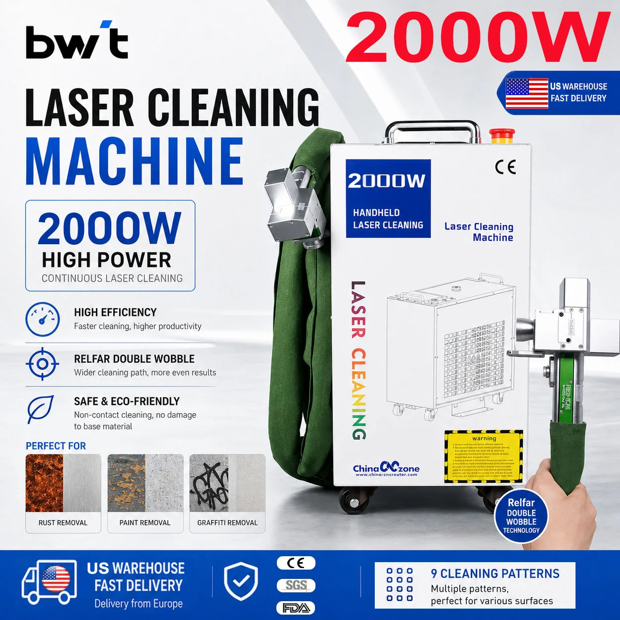 BWT2000W Laser Cleaning Machine Rust Removal Cleaning Oil Paint for Metal Cleaning Width 300MM Fiber Laser Cleaner Rust Removing