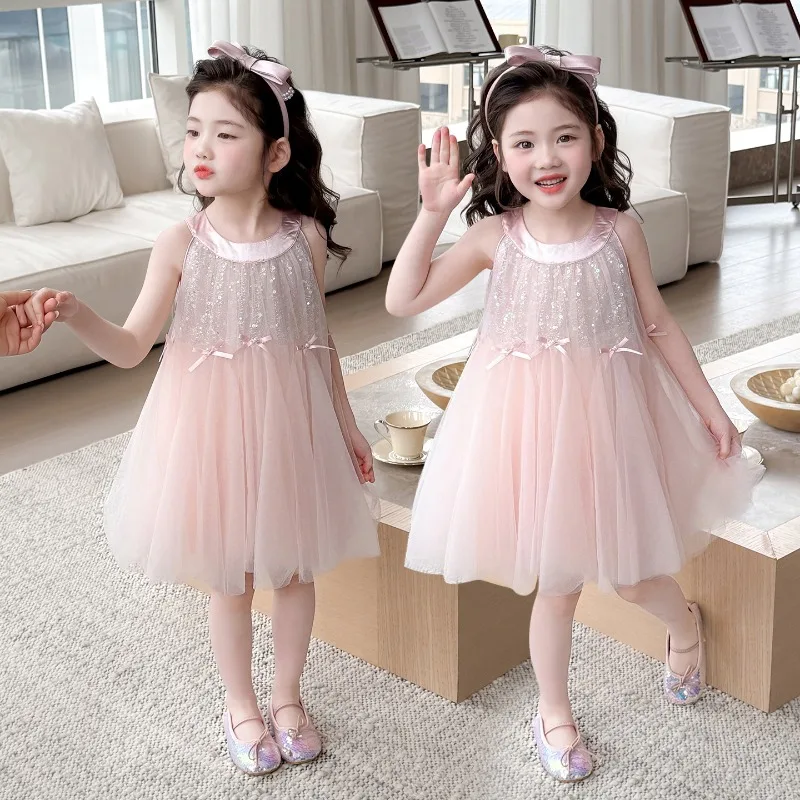Girls' camisole dress summer 2026 new stylish children's mesh princess girls' vacation style hanging neck dress 3