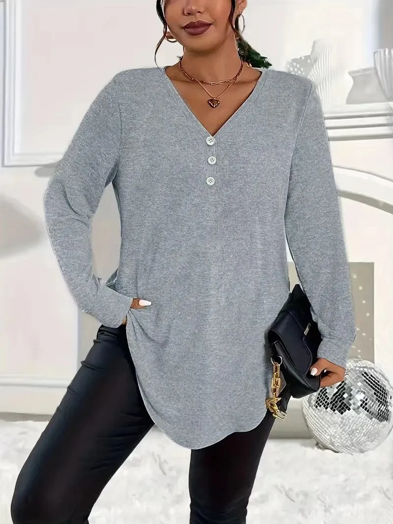 بلوزة نسائية أنيقة للخريف والشتاء بمقاس كبير بأكمام طويلة مع رقبة على شكل حرف V للتنقل، فضفاضة ومريحة