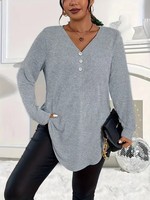 plus size autumn and winter elegant women's solid color button long sleeved top with V-neck for commuting, loose and comfortable