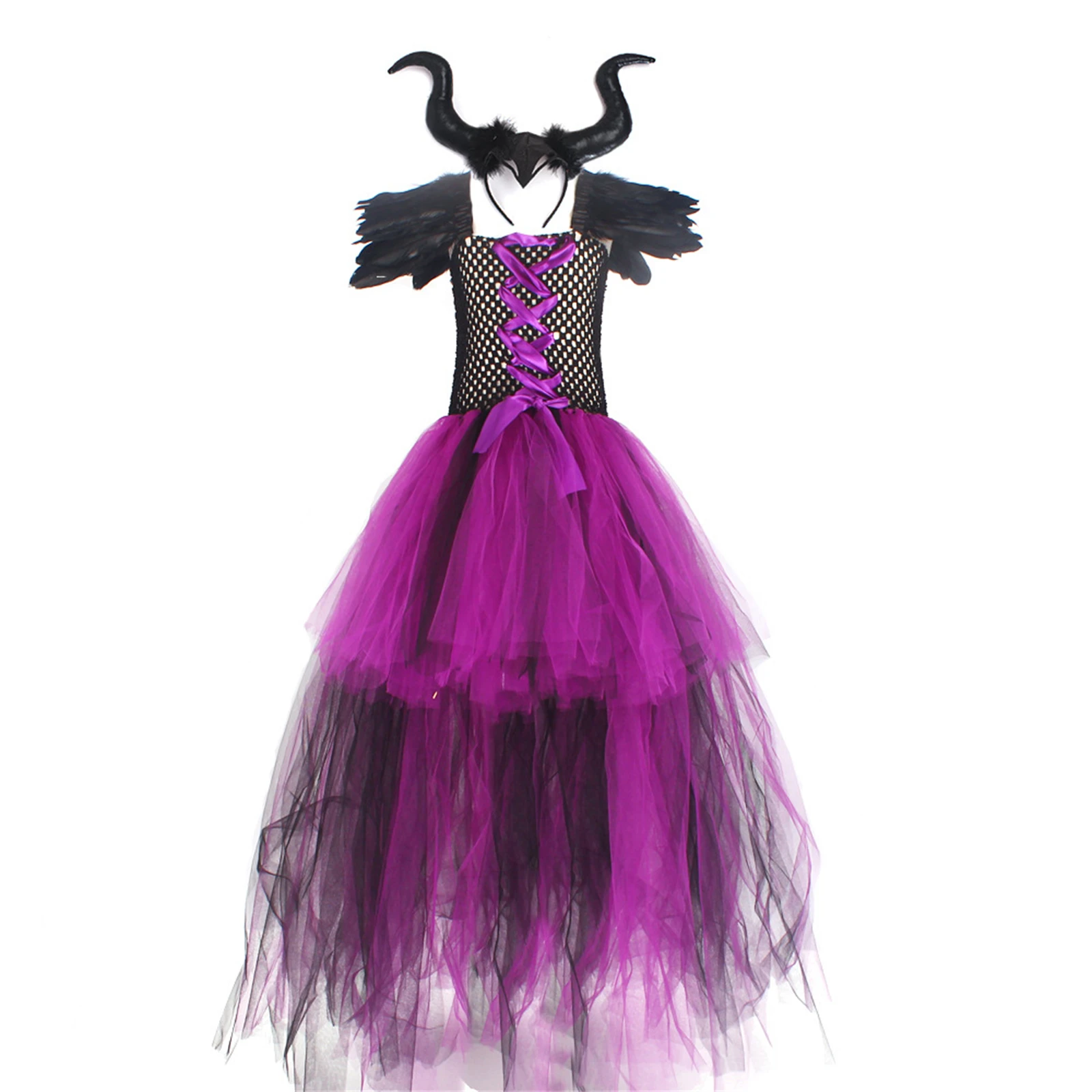 

Детское платье с вуалью ведьмы на Хэллоуин для девочек, платье с бретельками и перьями, детское платье принцессы со шлейфом для подиума