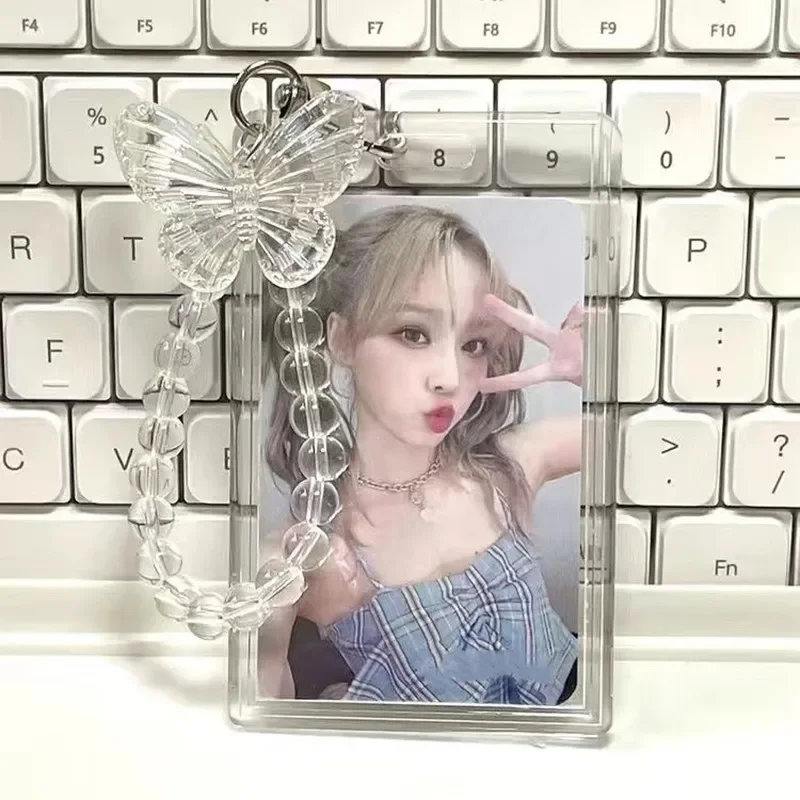 Kpop Photocard Holder Crystal Butterfly Keychain Pendant Transparent Acrylic Card Sleeve Photo Display ID Card Protective Case