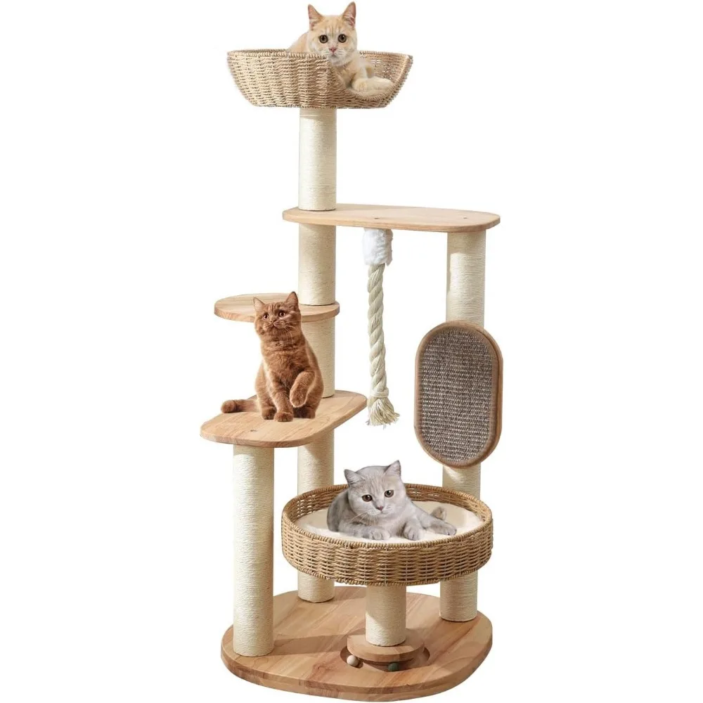 

Wooden Cat Tree for Large Cat, 49.6-Inch Tall Cat Tower with Scratching Post for Indoor Cats, Multi-Level Cat Condo with Hand-Wo