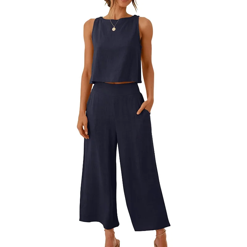 2023 Spring and Summer Women's Clothing Sleeveless Cropped Top + Wide-leg Pants Two-piece Suit