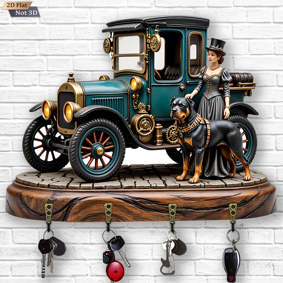 2D Flat, 1pc, Retro Car and Dog Themed Style Wooden Multifunctional Home Key Hanger, with Four Metal Hooks, Wall Decor, Porch