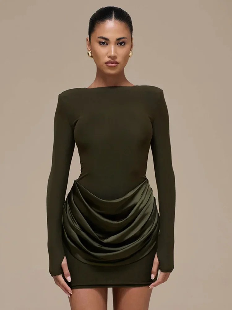 Chaxiaoa Long Sleeve Ruched Sexy Mini Dress Women Gown Elegant Satin Patchwork O Neck High Waist Club Party Dresses Fashion