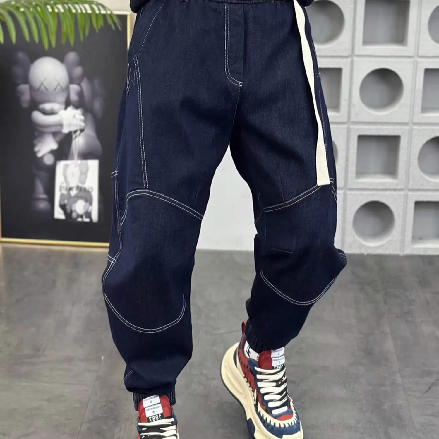 

Loose Fit Harlan Jeans Men's plus Size 300 Pou Korean Sle Splicing Jeans Summer Versatile Wide Leg Ankle Length Jeans