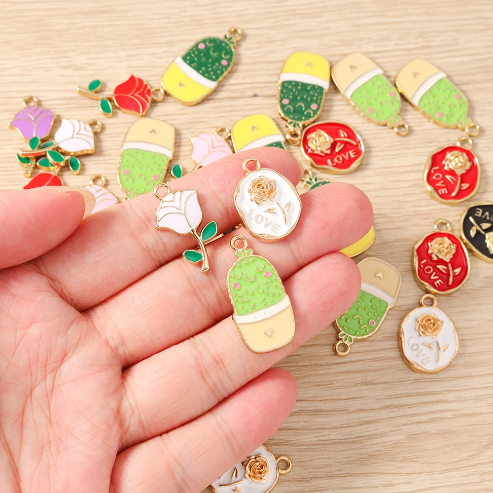 10 Stück niedliche, bunte Emaille-Blumen- und Kaktus-Anhänger zum Basteln von Ohrringen, Halsketten, DIY-Handarbeiten und Schmuckzubehör – Detail 2