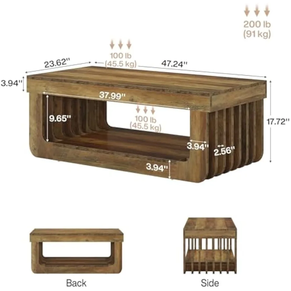 Farmhouse Coffee Table with Storage, 47-Inch Rectangle Living Room Tables, 2-Tier Cocktail Tea Table, Wooden Center T