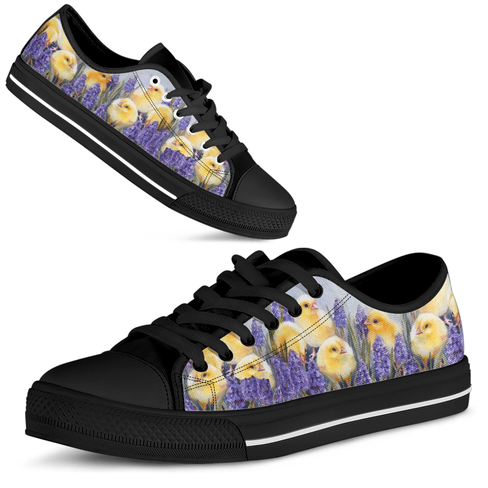 ELVISWORDS Yellow Chick Purple Flower Print Shoes Comfortable Lace-Up Espadrilles Soft Hip Low Top Women's Shoes Flat Shoes