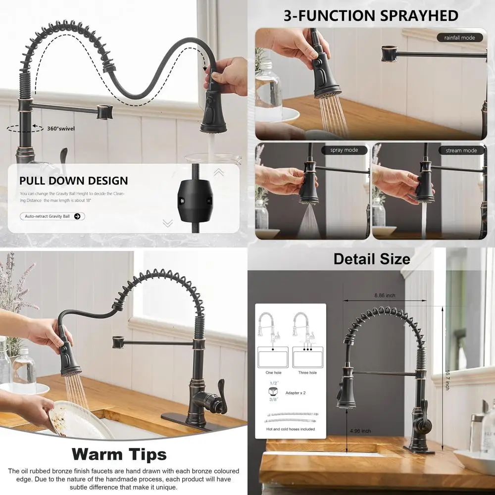 

Высокий кухонный смеситель с одной ручкой и выдвижным распылителем, с декоративной накладкой, цвет: матовая бронза