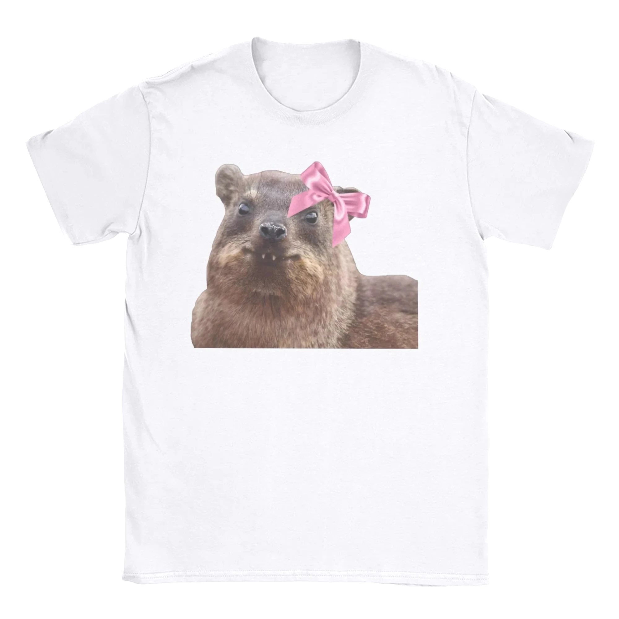 Novelty Hyrax Awawa T-Shirt Men Women Crew Neck T Shirts Cute Rock Hyrax Wearing Bow Short Sleeve Y2k Tee Clothing Free Shipping