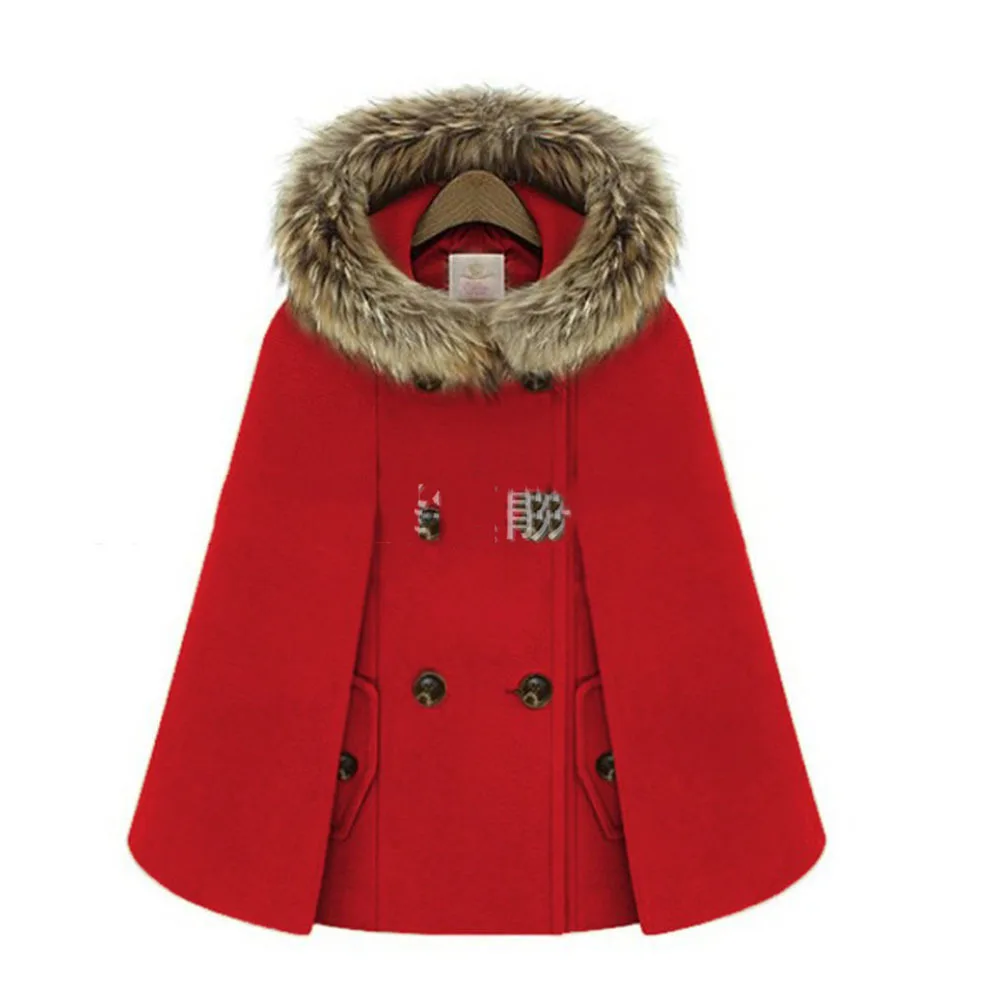 Women\'s Woolen Blends Ponchos 2023 Winter Autumn Wool Cloak Warm Faux Fur Collar Double Button Female Cape Outerwear Manteau
