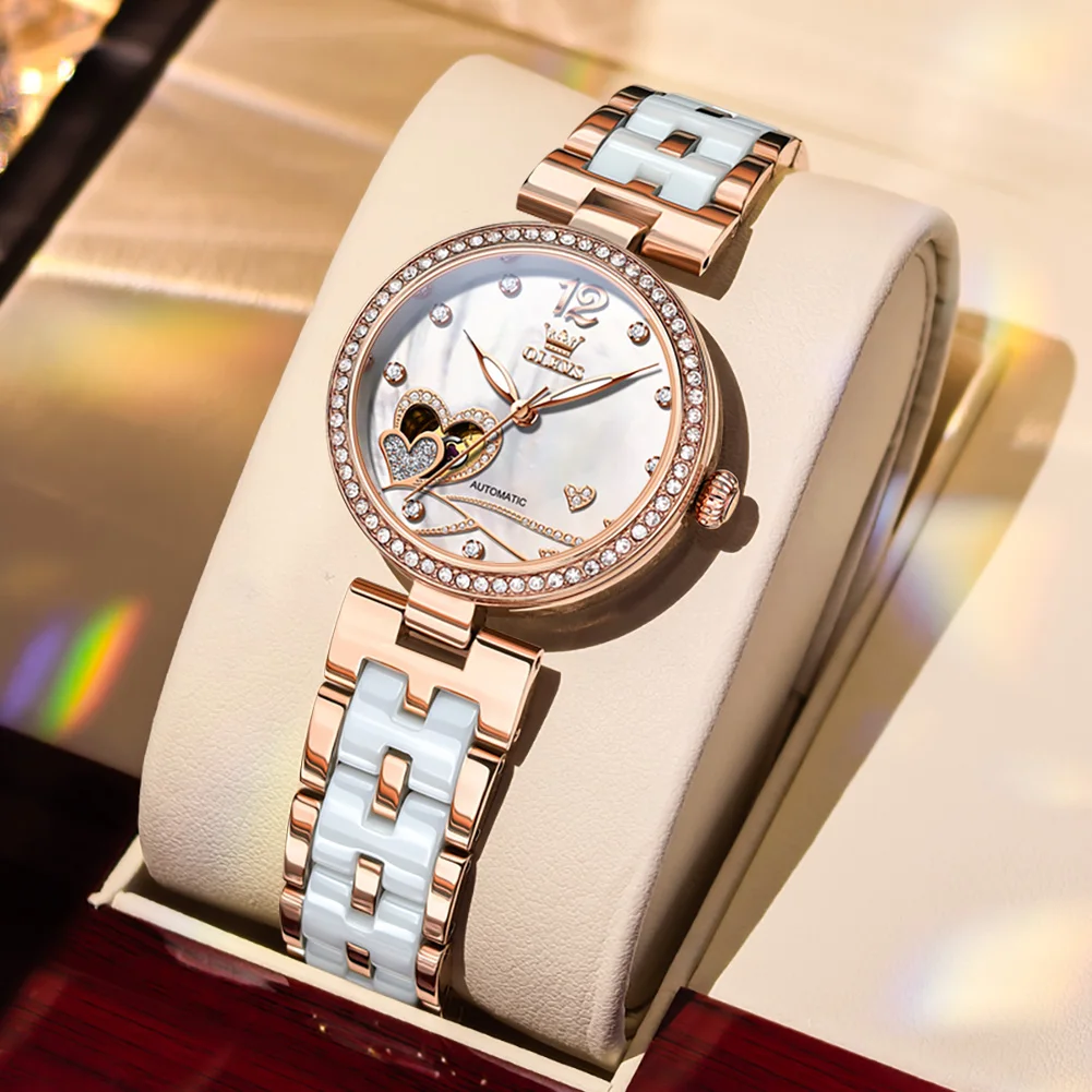 OLEVS 7086 Women Watches Luxury Fashion Automatic Mechanical Watch Ceramics Strap Diamond B ezel Watches For Women Gifts Box New