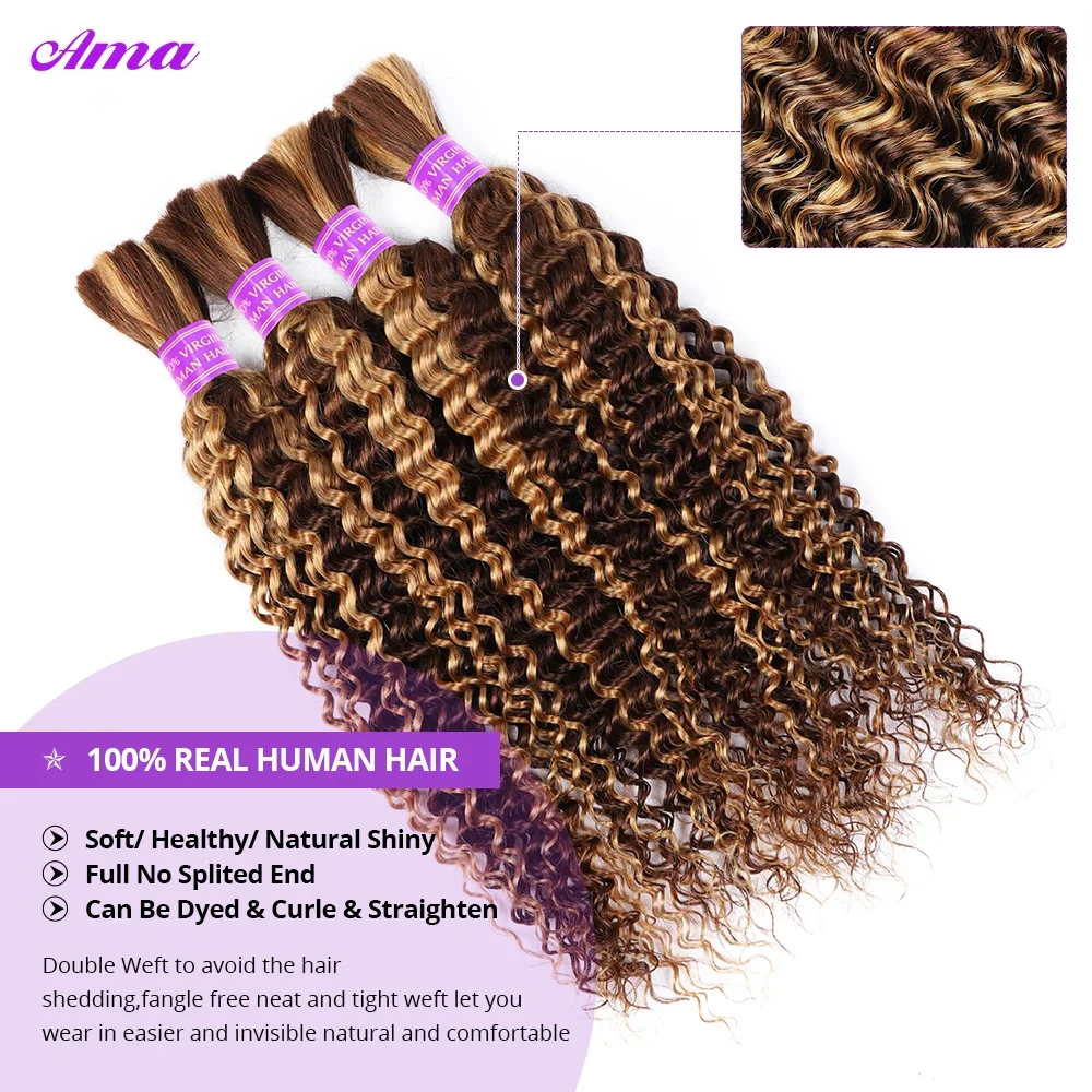4 27 Highlight Bulk Human Hair For Braiding Honey Blonde Deep Wave Human Hair Bundles No Weft Bundles For Women Hair Extensions